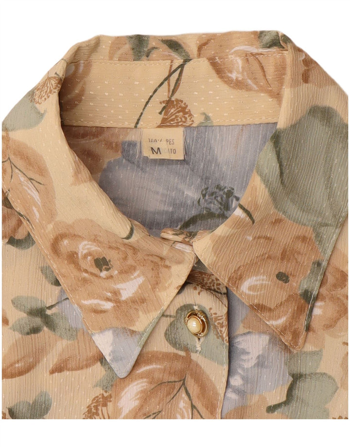 Blusa feminina VINTAGE Reino Unido 14 poliéster floral marrom médio