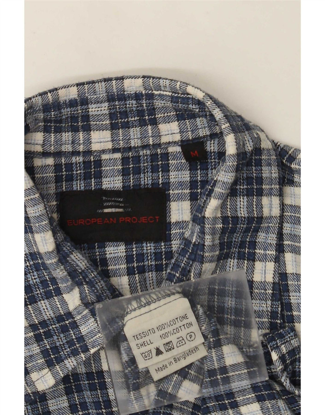 Camiseta masculina de flanela do projeto europeu, camisa média azul xadrez de algodão