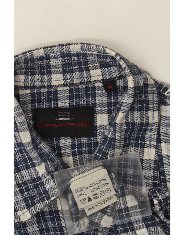 Camiseta masculina de flanela do projeto europeu, camisa média azul xadrez de algodão