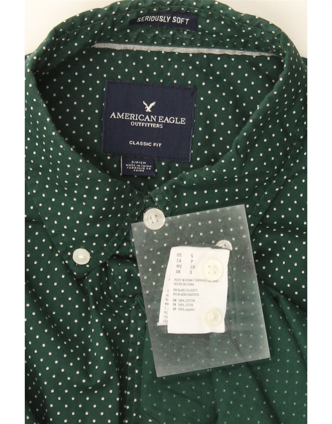 American Eagle Camisa masculina clássica de ajuste pequeno algodão manchado verde