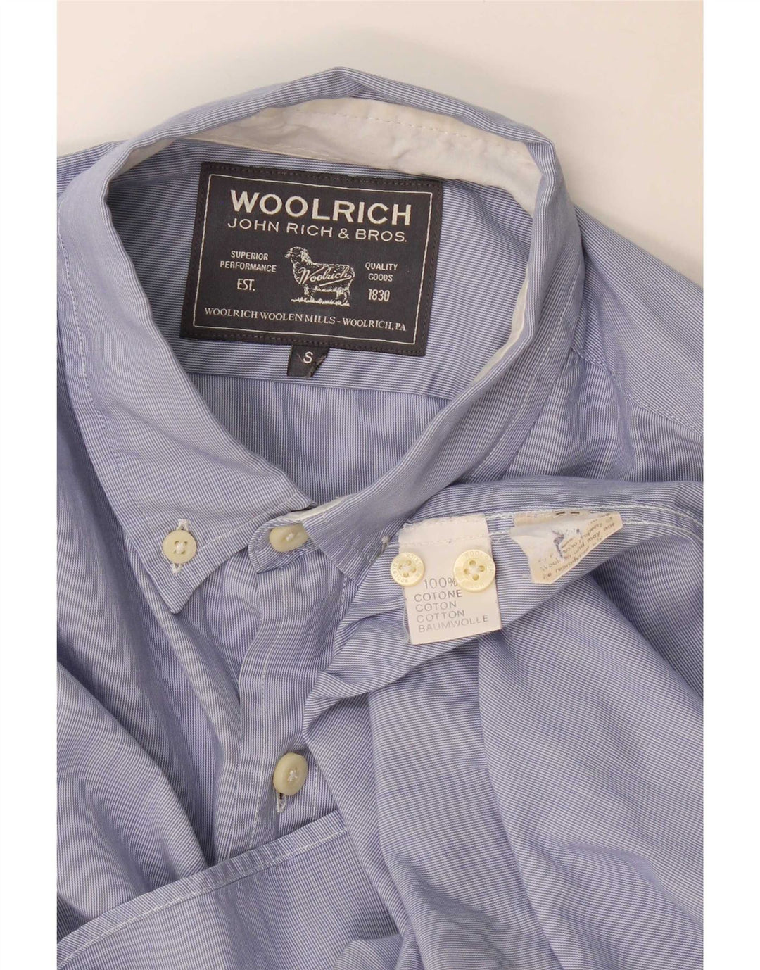 Camisa masculina Woolrich pequena listrada azul de algodão