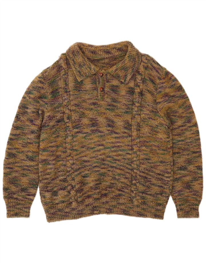 Suéter masculino vintage com gola polo, verde médio manchado