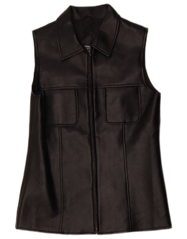 Vintage Womens Leather Gilet UK 10 Small Black