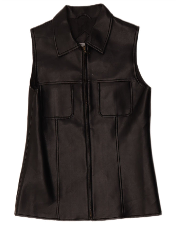 Colete de couro feminino vintage UK 10 pequeno preto