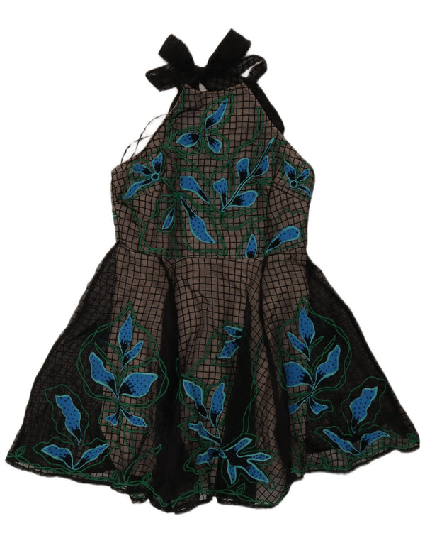 Vestido feminino Karen Millen frente única, tamanho UK 14, grande, preto, floral, poliéster