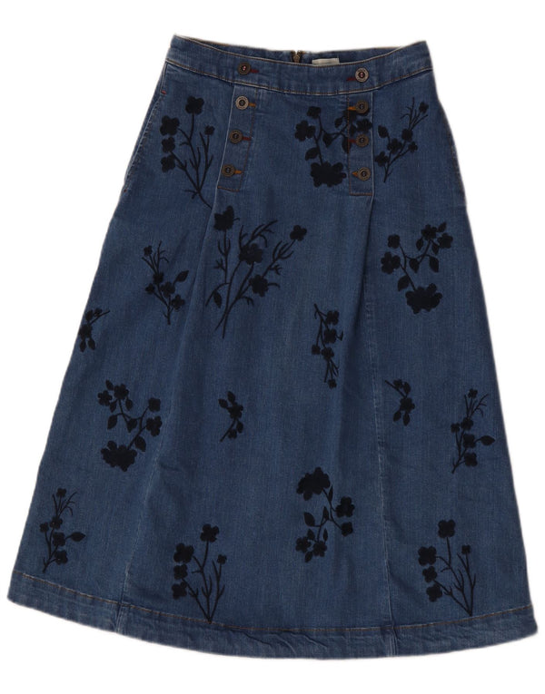 Saia jeans feminina branca White Stuff Reino Unido 8 pequena W28 algodão floral azul