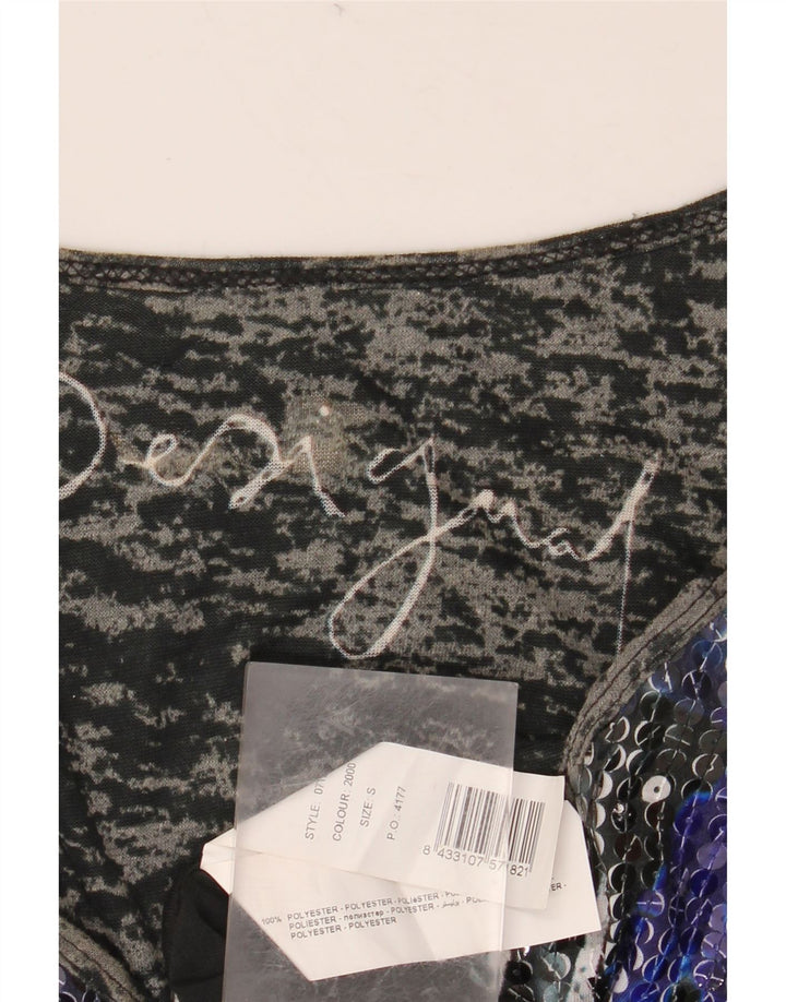 DESIGUAL Top gráfico feminino manga comprida Reino Unido 10 pequeno poliéster preto