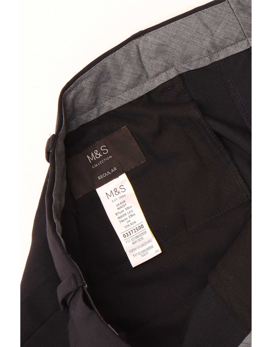 Calça masculina de terno regular Marks & Spencer W38 L29 poliéster azul marinho