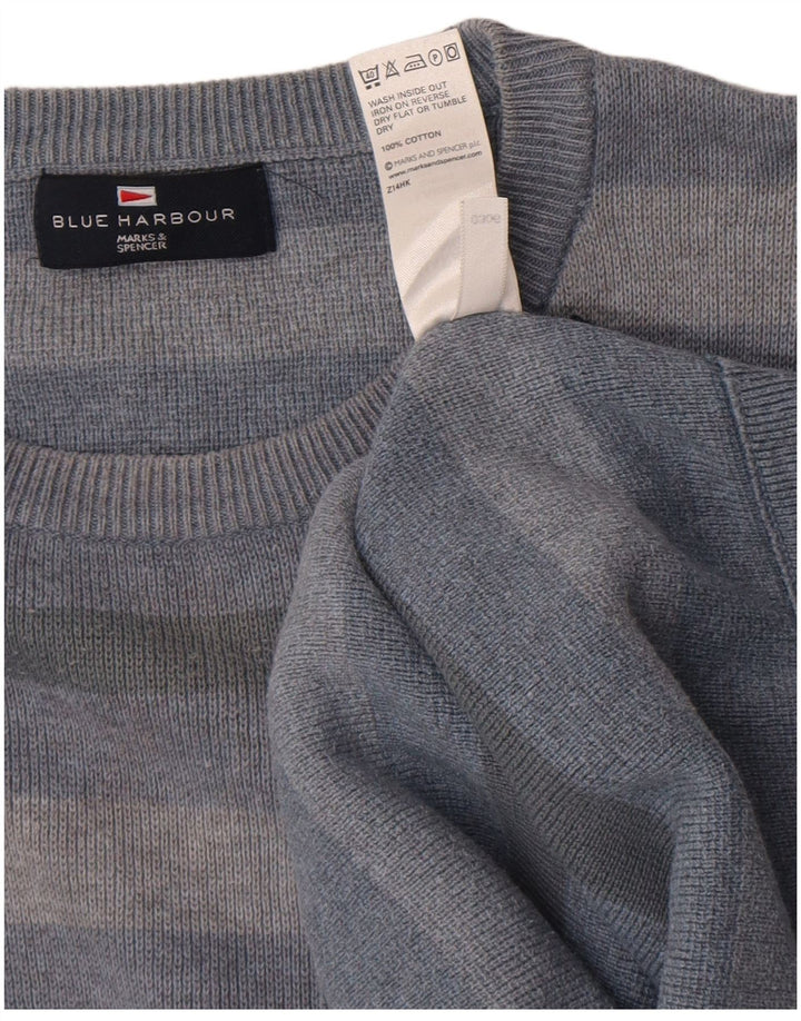 Suéter masculino Marks & Spencer com gola redonda, grande algodão listrado azul