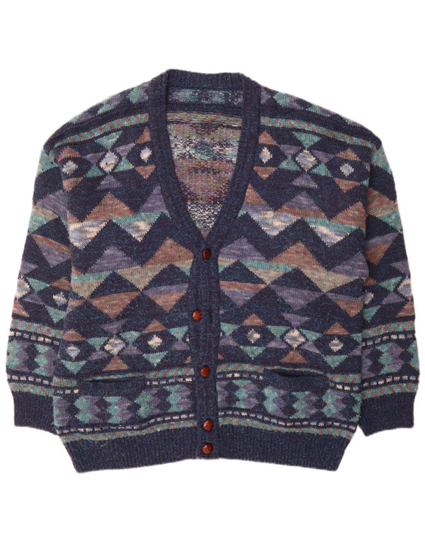 Suéter cardigã masculino vintage IT 54 XL lã geométrica azul marinho