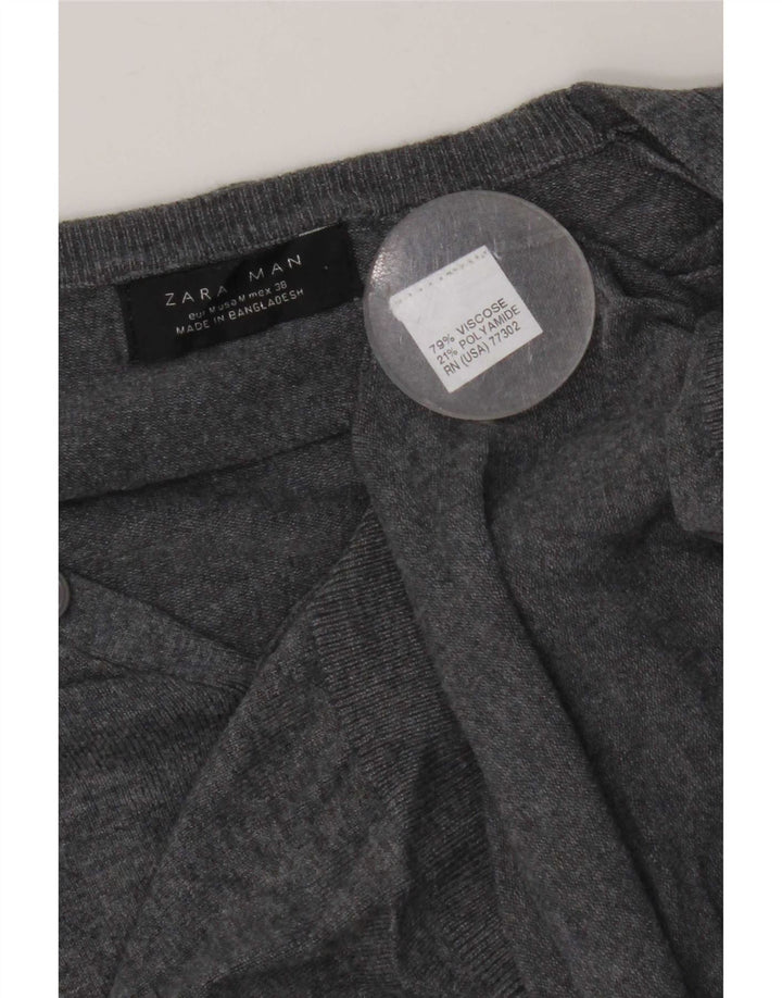 Zara Suéter masculino de manga curta com decote em V, viscose cinza médio