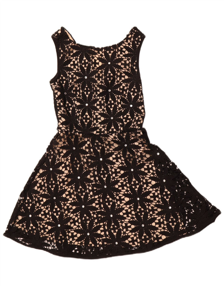 QUIZ Vestido feminino de crochê sem mangas evasê UK 6 XS preto floral