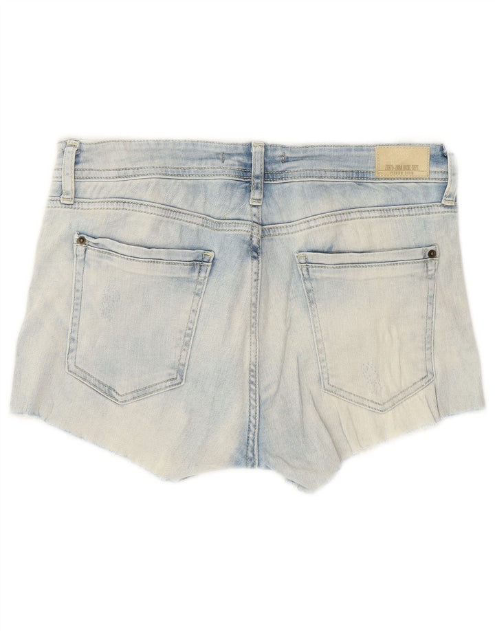 Zara Shorts jeans feminino desgastado UE 38 pequeno W28 azul