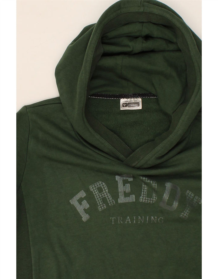FREDDY Mens Graphic Hoodie Jumper Small Green Colourblock Cotton Vintage Freddy and Second-Hand Freddy from Messina Hembry 