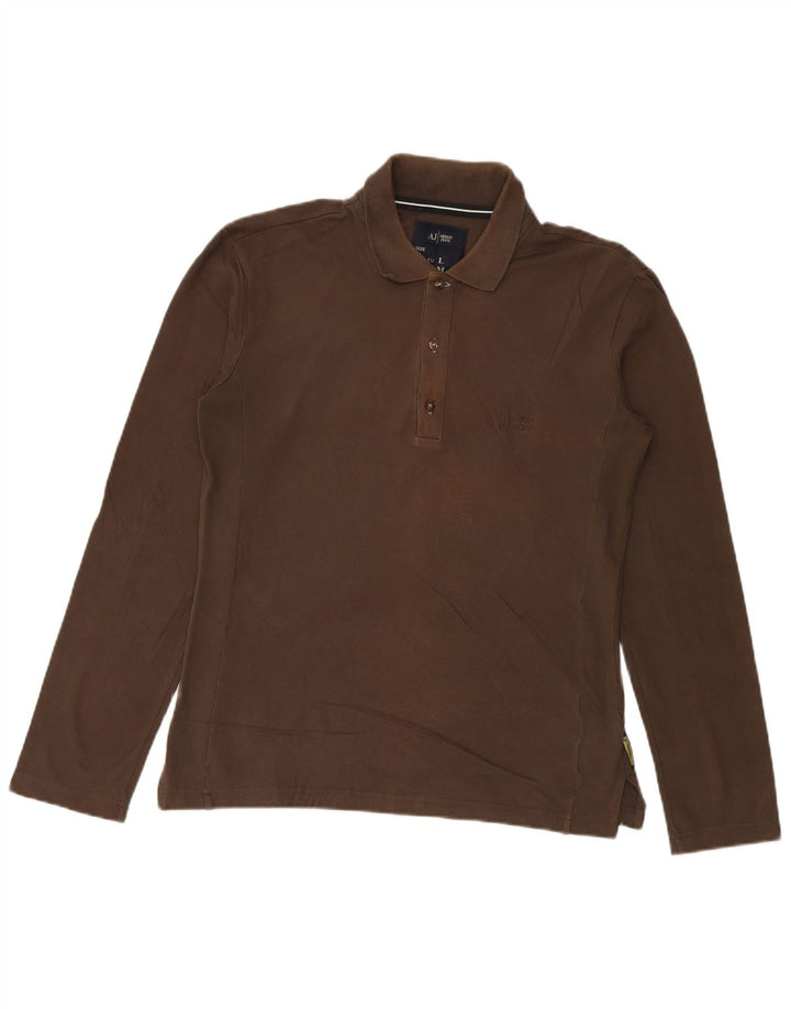 ARMANI JEANS Camisa polo masculina de manga comprida de algodão marrom médio