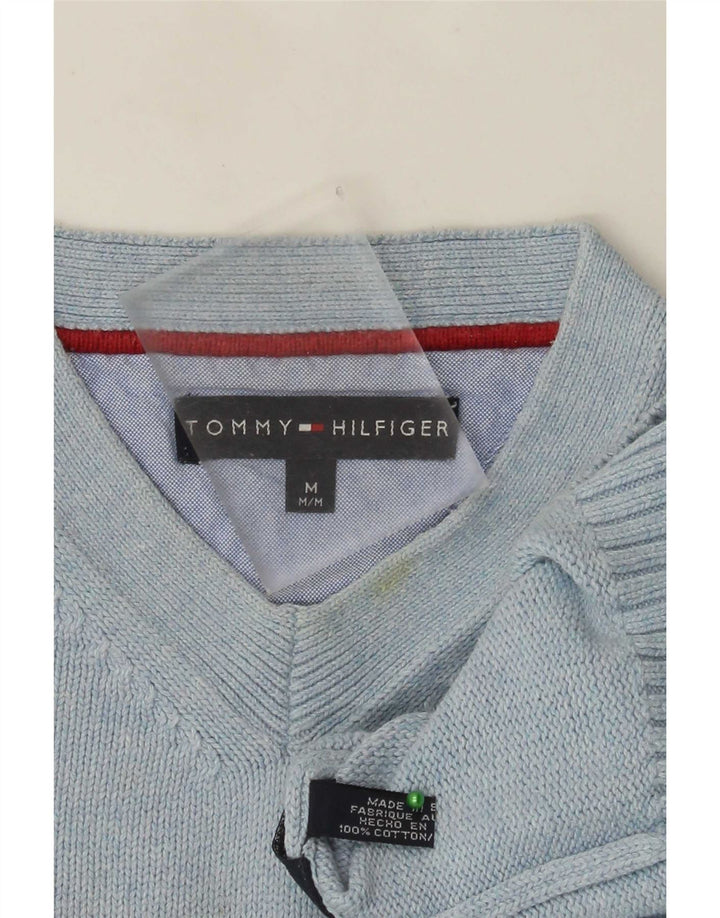 Suéter masculino Tommy Hilfiger com decote em V de algodão azul médio