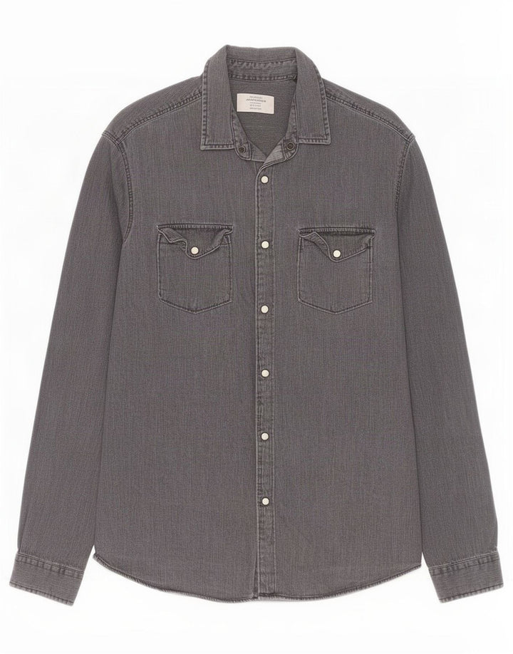 Camisa jeans masculina Jack & Jones algodão cinza médio