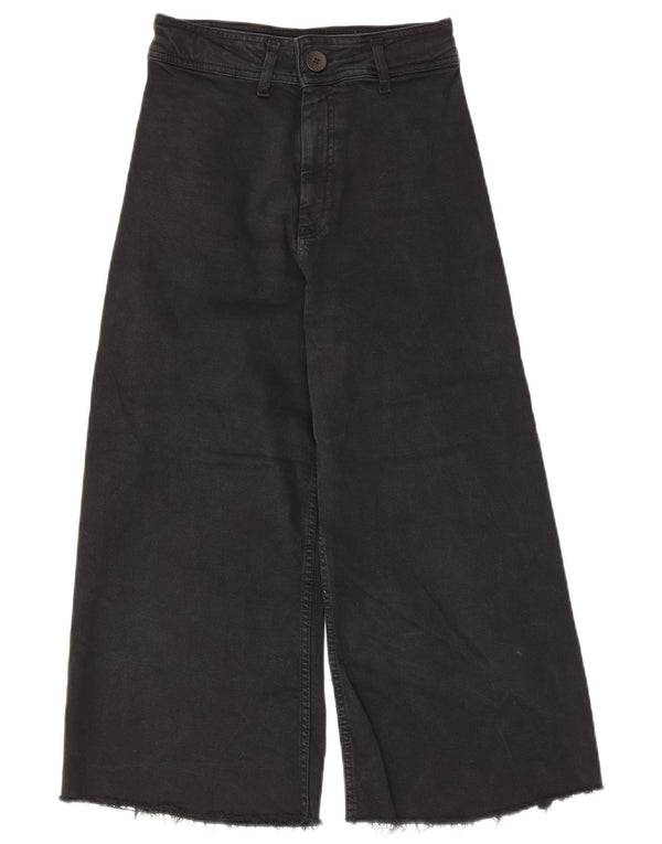 Zara Calça jeans feminina capri cintura alta perna larga EUA 34 2XS W24 L22 algodão preto