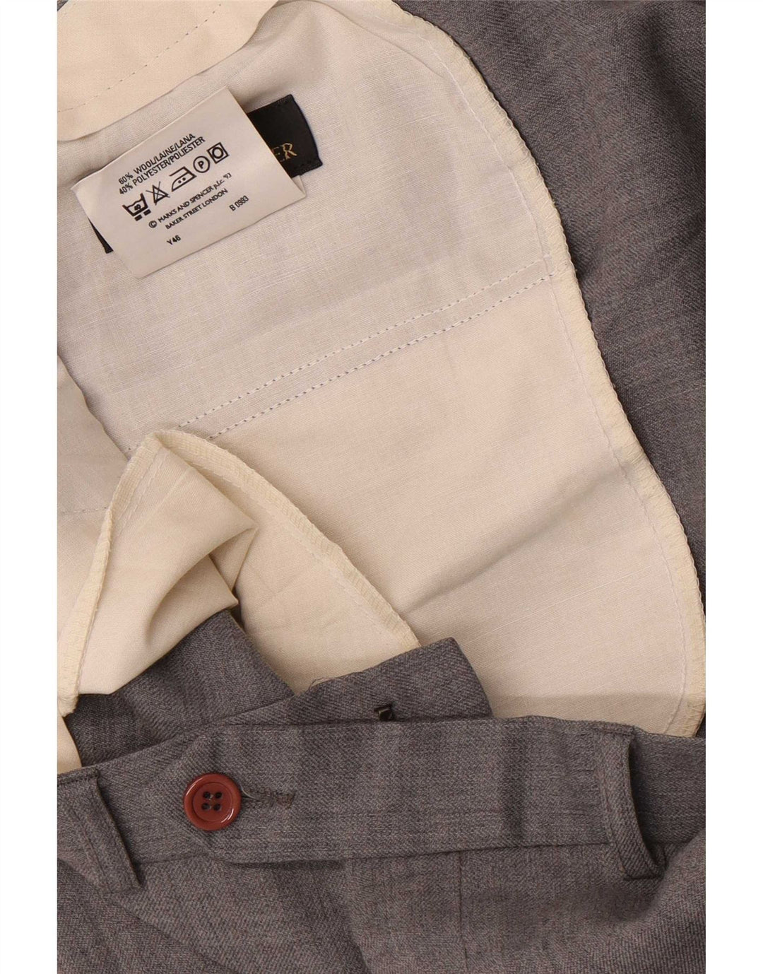 Calça masculina de terno reto Marks & Spencer W40 L29 lã cinza