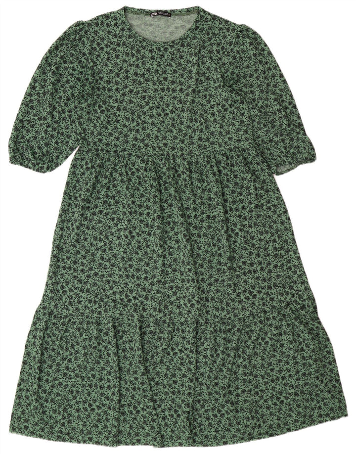 Vestido feminino ZARA A-Line UK 14 poliéster floral verde médio