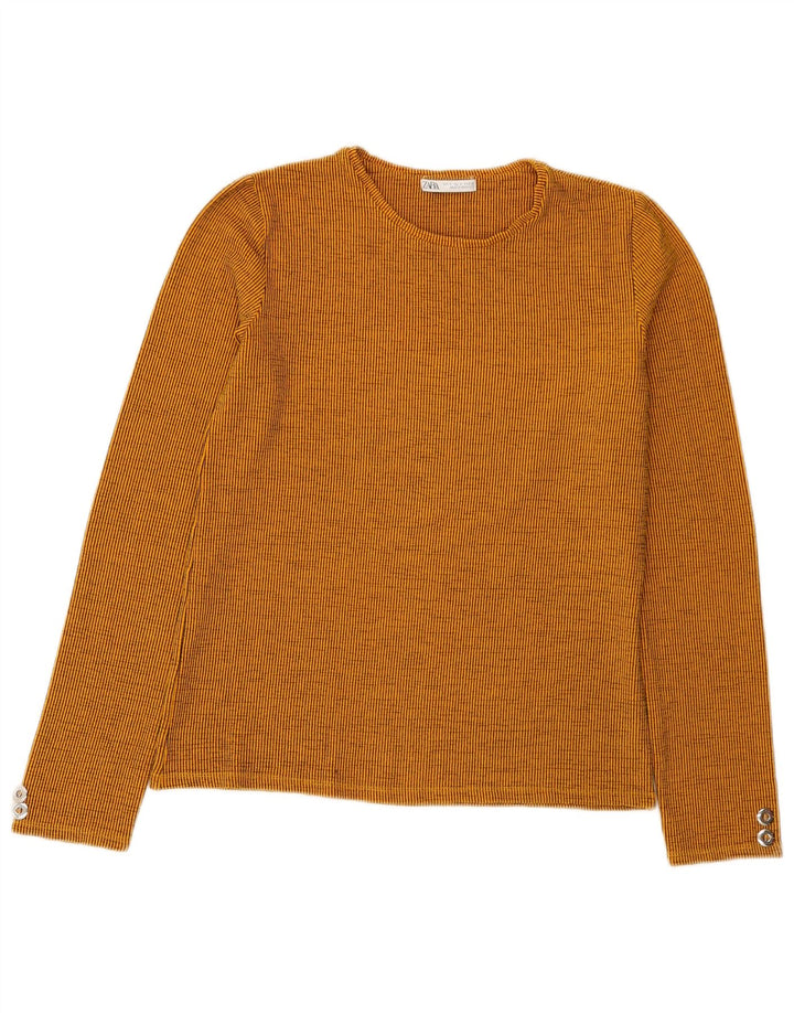 Top feminino Zara de manga comprida UK 12 listrado laranja médio