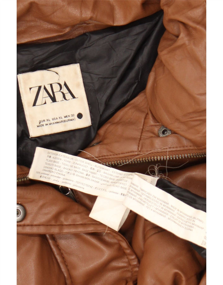 Zara Jaqueta feminina de couro sintético superdimensionada acolchoada Reino Unido 18 XL marrom poliéster