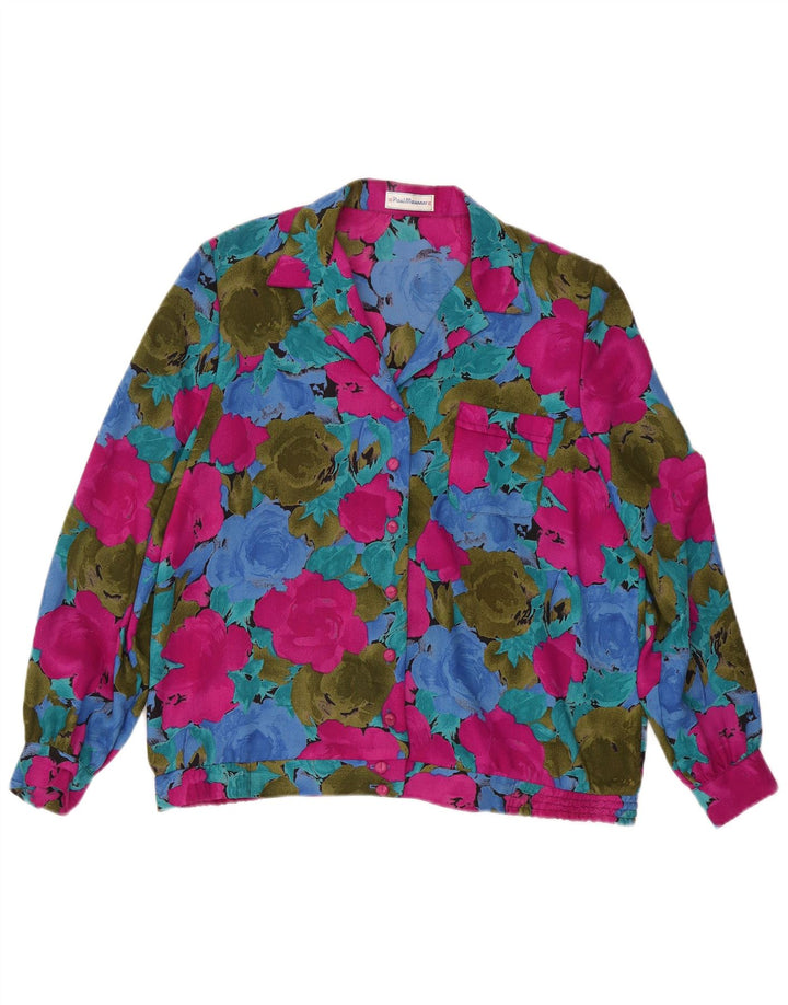 Blusa feminina vintage UK 16 grande poliéster floral multicolorido