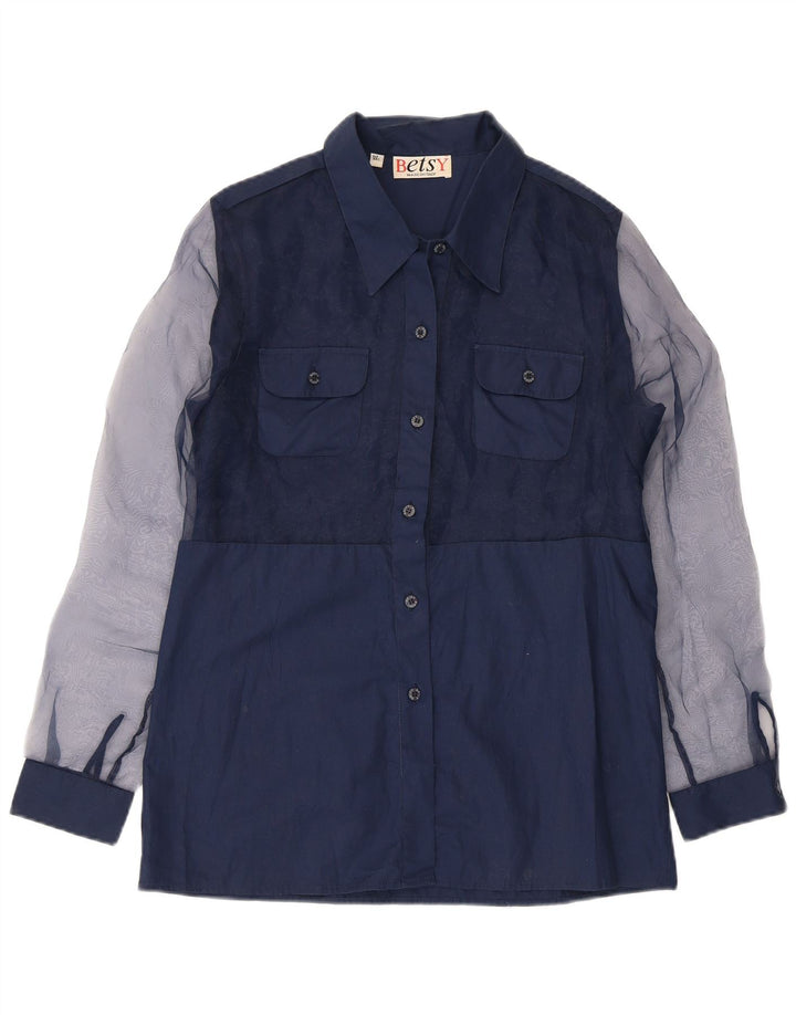 Camisa feminina VINTAGE UK 14 poliéster colorblock azul marinho médio