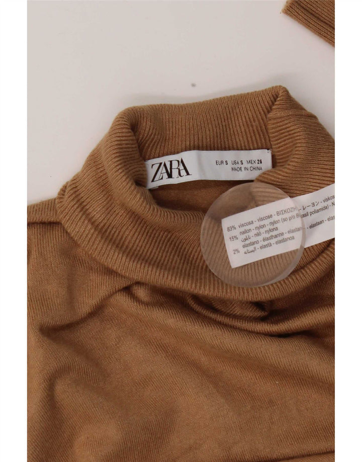 Suéter feminino Zara com gola redonda e viscose marrom pequena Reino Unido 10