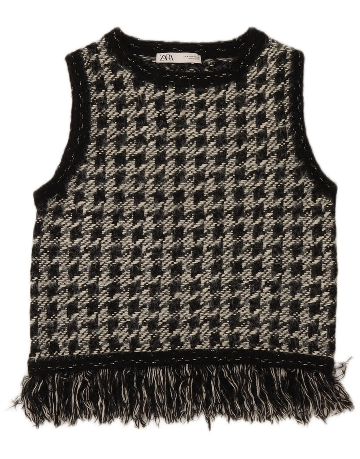Zara Womens Vest Tank Top UK 12 Médio Preto Houndstooth Poliéster