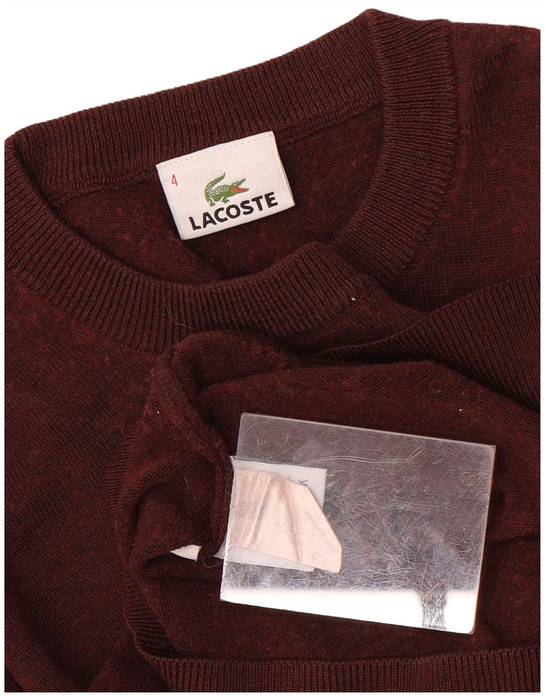 Suéter masculino LACOSTE com gola redonda, tamanho 4, lã manchada marrom médio