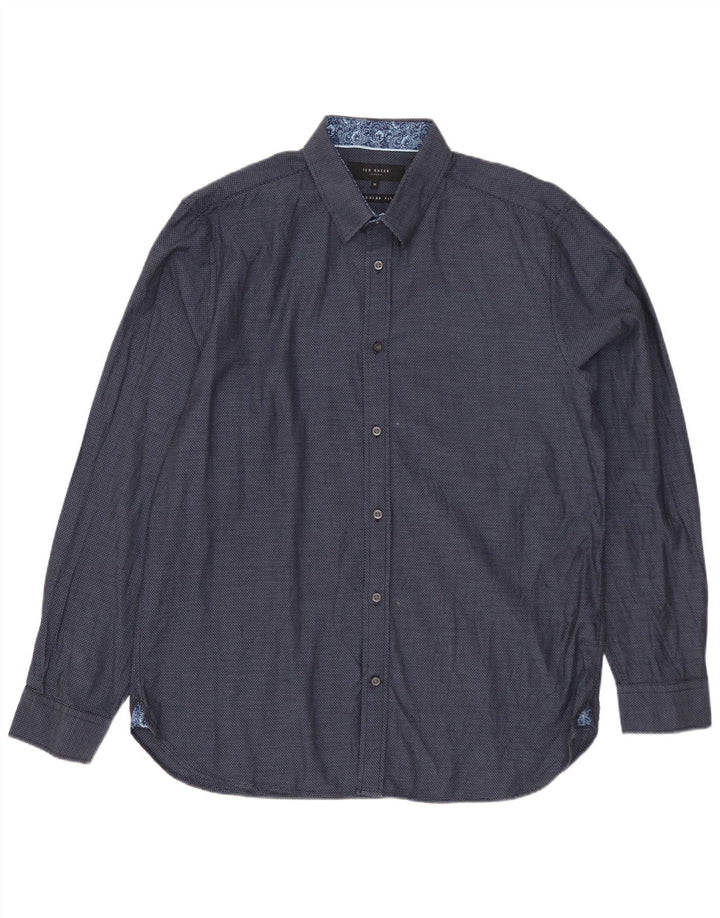 Camisa masculina TED BAKER de ajuste regular tamanho 16 grande algodão manchado azul marinho