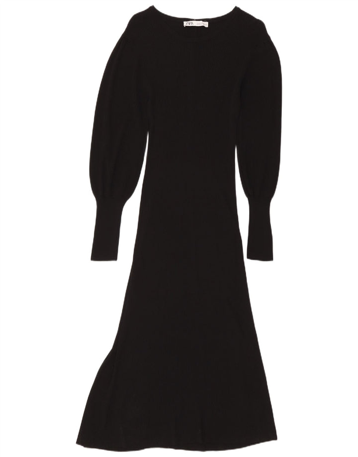 Vestido maxi feminino de manga comprida ZARA Reino Unido 12 médio preto viscose
