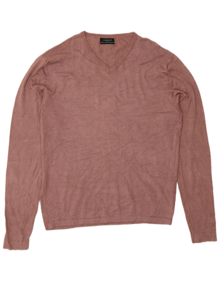 Zara Suéter masculino com decote em V XL viscose rosa