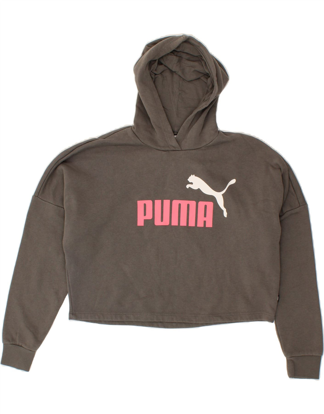 PUMA Girls Graphic Crop Hoodie Jumper 13-14 Years Large Grey Cotton Vintage Puma and Second-Hand Puma from Messina Hembry 