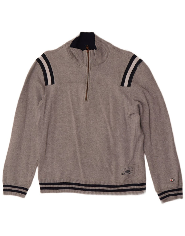 Suéter feminino Champion com gola e zíper UK 12 bloco colorido cinza médio