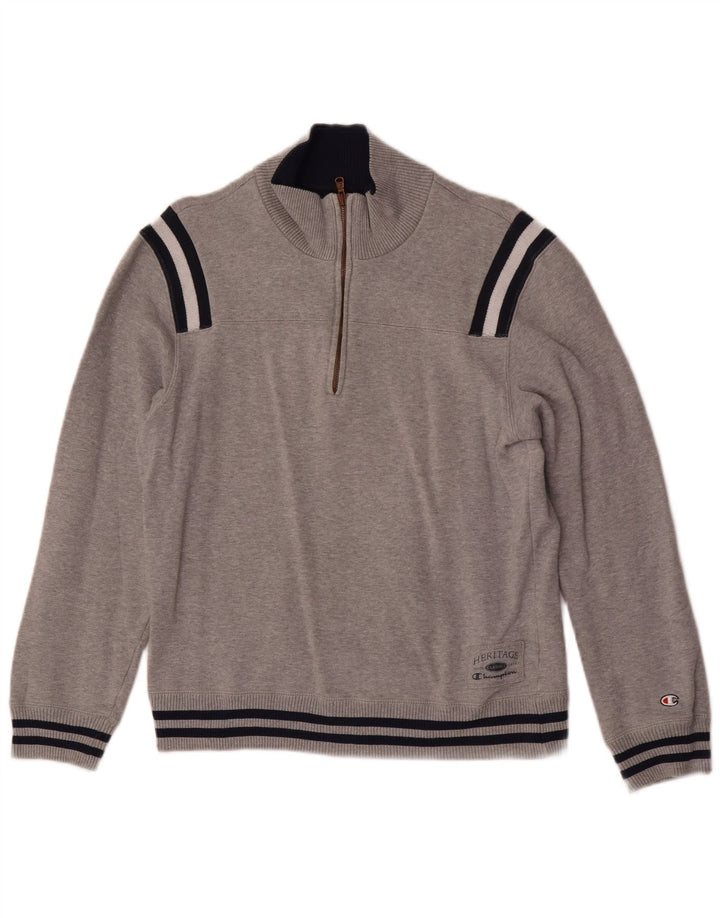 Suéter feminino Champion com gola e zíper UK 12 bloco colorido cinza médio