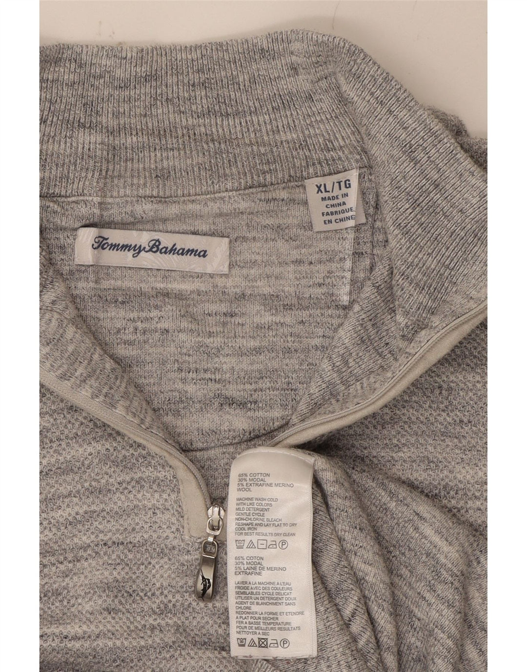 TOMMY BAHAMA Mens Zip Neck Jumper Sweater XL Grey Flecked Cotton Vintage Tommy Bahama and Second-Hand Tommy Bahama from Messina Hembry 