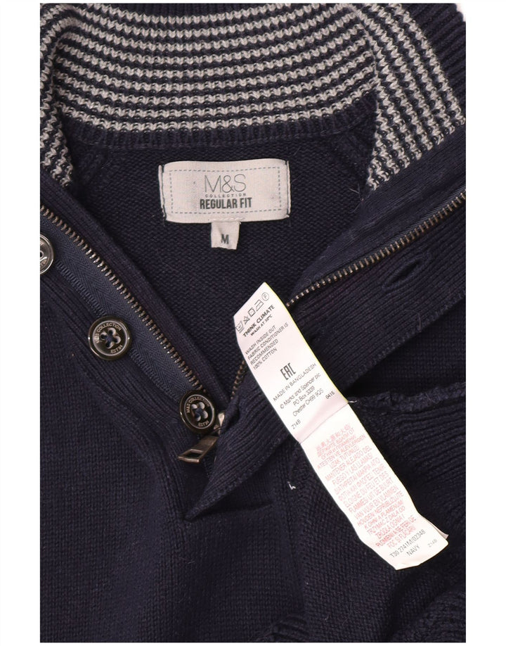 Suéter masculino Marks & Spencer com gola redonda e botão azul marinho médio