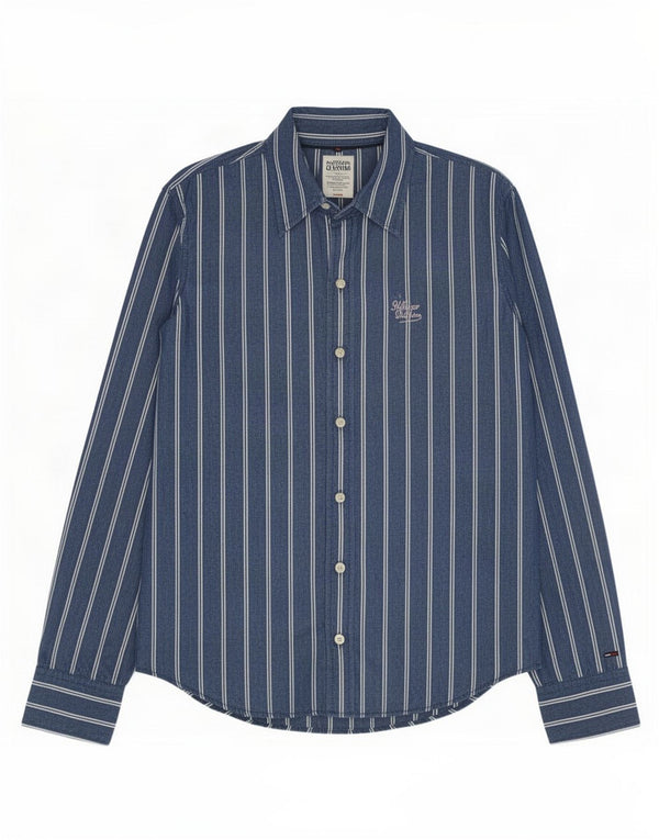 Camisa masculina Tommy Hilfiger pequena listrada azul de algodão