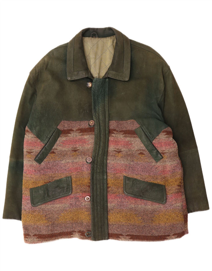 Jaqueta de couro masculina vintage EU 52 XL couro geométrico verde