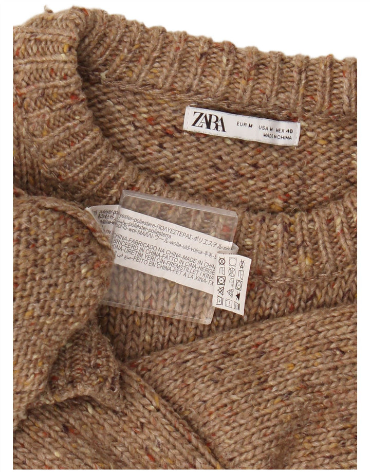 Suéter feminino Zara com gola redonda, Reino Unido 14, poliéster manchado marrom médio