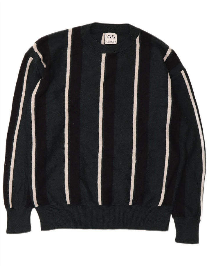 Zara Suéter masculino com gola redonda listrado verde médio