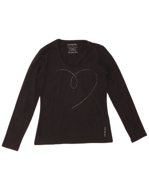CALVIN KLEIN JEANS Top gráfico feminino manga comprida Reino Unido 14 grande algodão preto