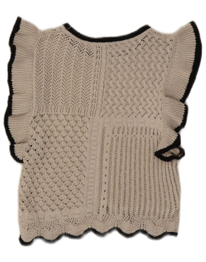 Zara blusa feminina de malha cortada top Reino Unido 12 algodão bege médio