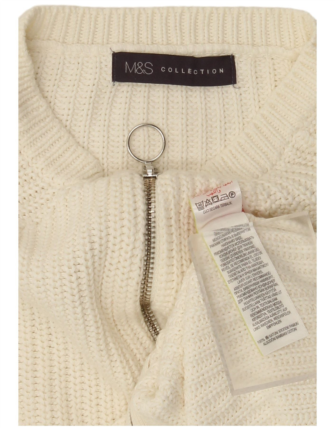 Suéter cardigã feminino com zíper completo da Marks & Spencer Reino Unido 14 algodão branco médio