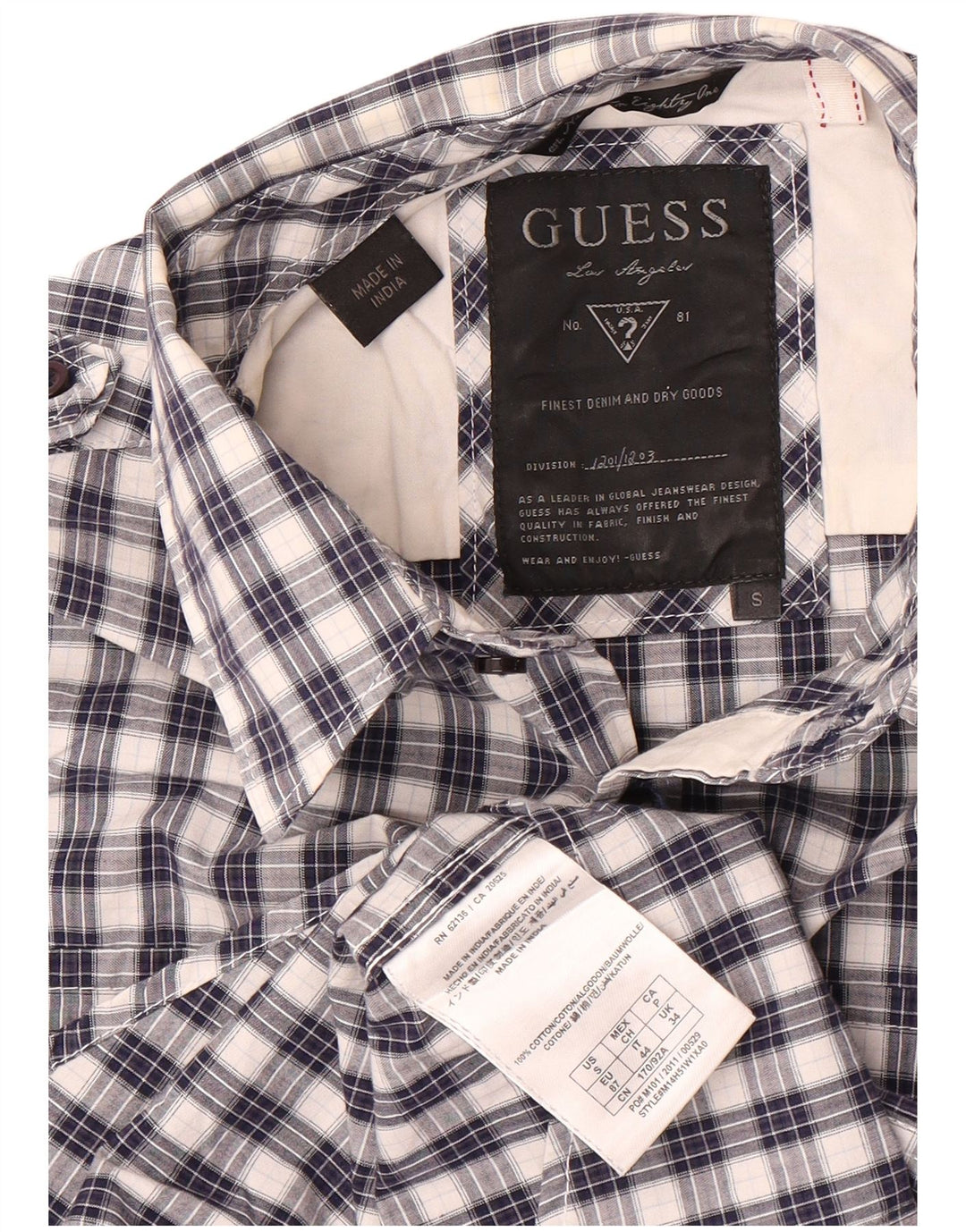 Camisa masculina Guess pequena xadrez azul de algodão