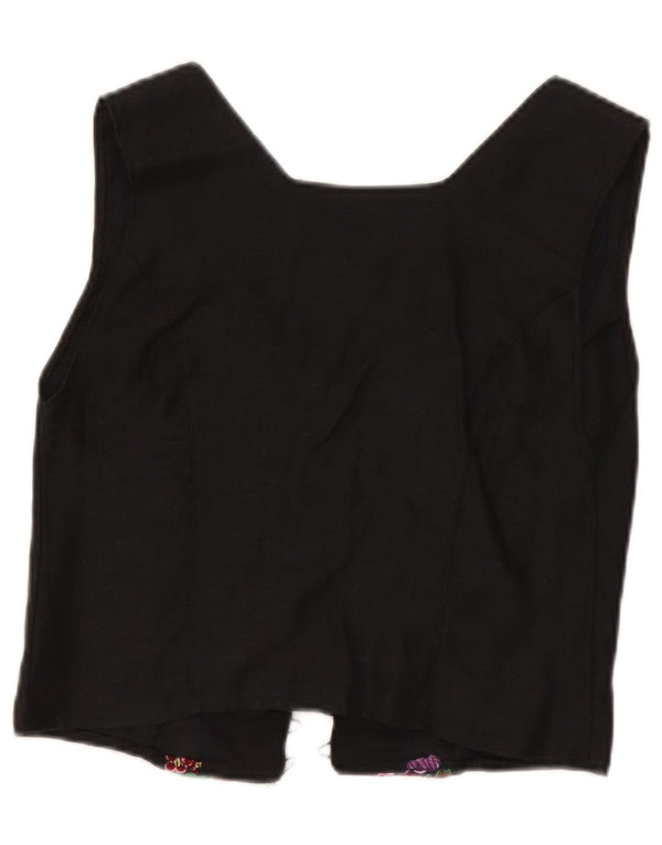 Top de cardigã feminino vintage sem mangas UK 8 pequeno floral preto