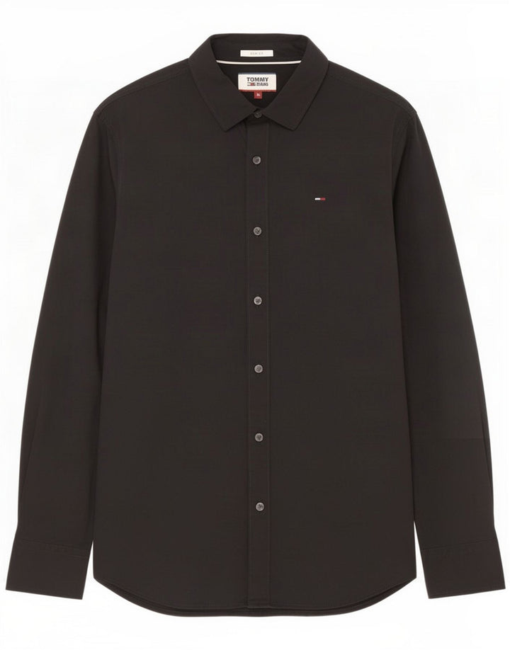 Tommy Jeans Mens Slim Fit Camisa Algodão Preto Médio