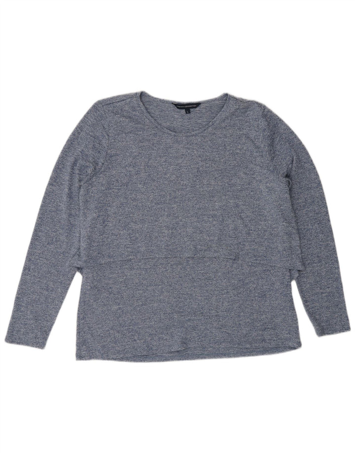 Poliéster manchado azul grande Reino Unido 16 da luva longa superior das mulheres francesas da conexão